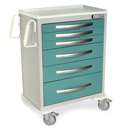 Harloff Lightweight Aluminum Medical Cart, Tall Height, Standard Width, Six Drawers, E-Lock MPA3030E06